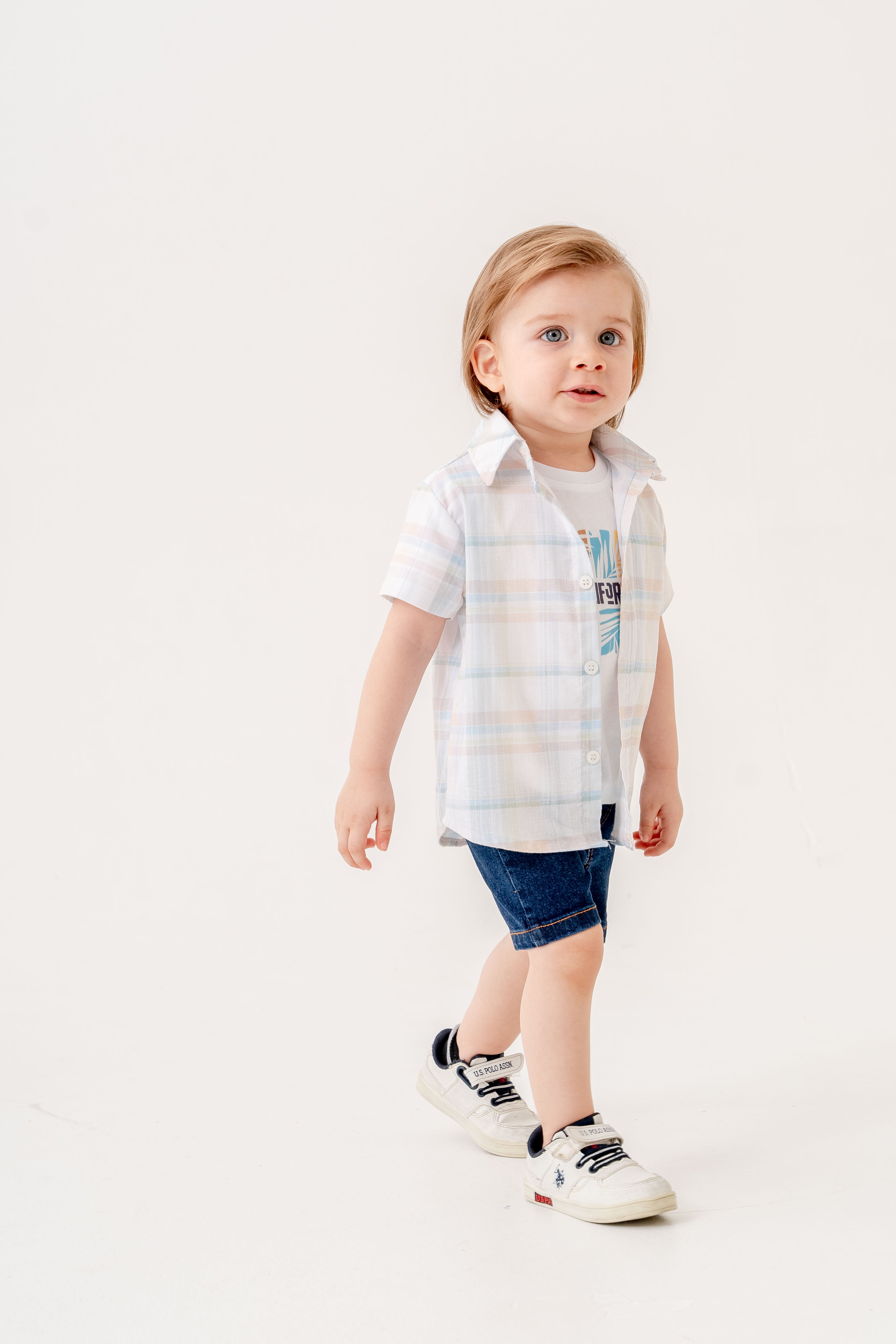 Erkek Bebek Kareli Gömlekli Denim Şortlu 3 Parça Yazlık Takım 9-24 Ay